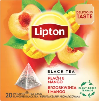 Outlet: WAŻNE DO 30.11.2024 Herbata czarna aromatyzowana w piramidkach Lipton, brzoskwinia z mango, 20 sztuk x 1.2g