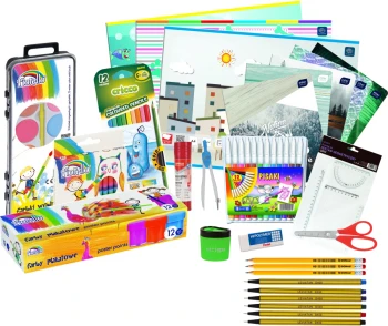 Wyprawka szkolna DUŻA 18 produktów (zeszyty, bloki, farby, kredki, pisaki, linijki, nożyczyki)