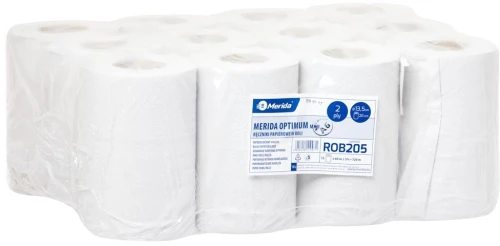 12x ręcznik papierowy Merida Optimum mini, 2-warstwowy, 60m, w roli, makulatura, 1 rolka, biały