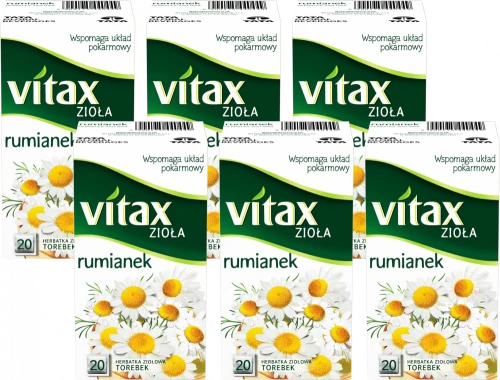 6x Herbata ziołowa w torebkach Vitax, rumianek, 20 sztuk x 1.5g