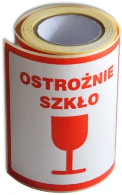 3x etykiety na rolce Dalpo, z nadrukiem 'Ostrożnie szkło', 100x100mm, 100 sztuk, biały z czerwonym nadrukiem