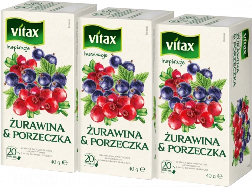 3x herbata owocowa w torebkach Vitax Inspirations, żurawina i porzeczka, 20 sztuk x 2g