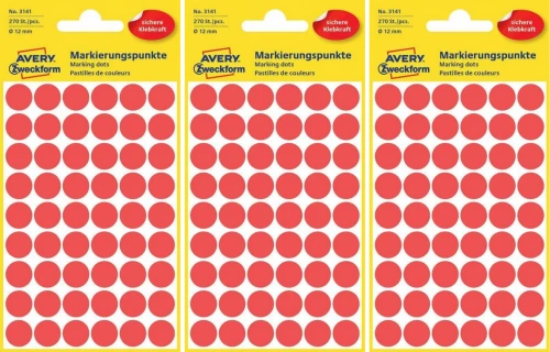 3x etykiety Avery Zweckform, okrągłe, średnica 12mm, 270 sztuk, czerwony