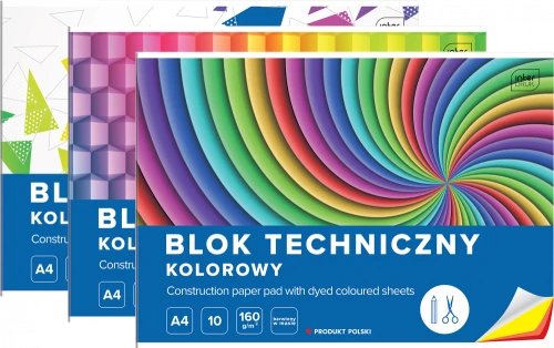 3x Blok techniczny Interdruk, A4, 10 kartek, kolorowy, barwiony w masie, mix wzorów