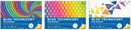 3x Blok techniczny Interdruk, A4, 10 kartek, kolorowy, barwiony w masie, mix wzorów