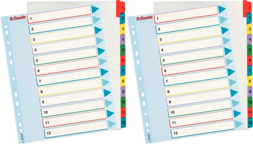 2x Przekładki kartonowe numeryczne z kolorowymi indeksami Esselte, laminowane, A4+, 1-12 kart, mix kolorów