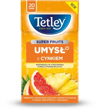 3x Herbata funkcjonalna w torebkach Tetley Super Fruits Umysł z cynkiem, grejpfrut i ananas, 20 sztuk x 2g