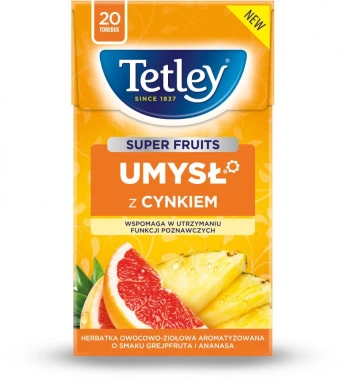 5x Herbata funkcjonalna w torebkach Tetley Super Fruits Umysł z cynkiem, grejpfrut i ananas, 20 sztuk x 2g