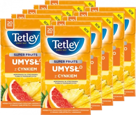 10x Herbata funkcjonalna w torebkach Tetley Super Fruits Umysł z cynkiem, grejpfrut i ananas, 20 sztuk x 2g