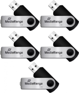 5x Pendrive MediaRange, 32GB, obracany, USB 2.0, srebrno-czarny