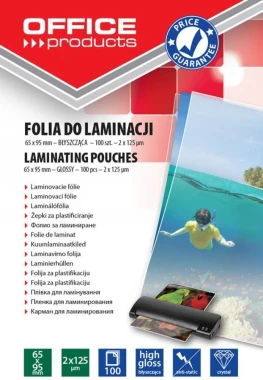 5x Folia do laminacji Office Products, 65x95mm, 2x125 µm, antystatyczna, 100 sztuk