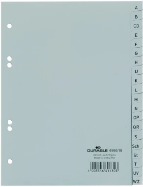 10x Przekładki plastikowe alfabetyczne Durable, A5, A-Z, 20 kart, szary
