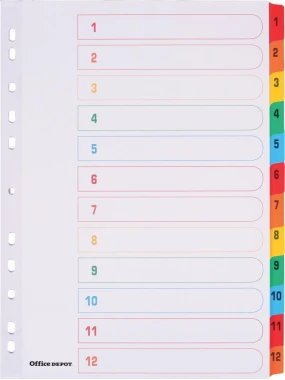 20x Przekładki kartonowe numeryczne z kolorowymi indeksami Office Depot Mylar, A4, 1-12 stron, biały
