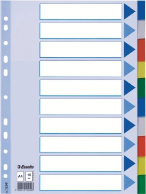 12x Przekładki plastikowe z kolorowymi indeksami Esselte, A4, 10 kart, mix kolorów