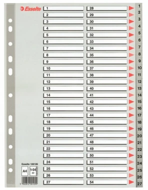 4x Przekładki plastikowe numeryczne Esselte, A4, 1-54 kart, szary