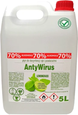 2x Płyn do dezynfekcji rąk i powierzchni Kala AntyWirus Lemongrass, 70% alk., 5l (c)