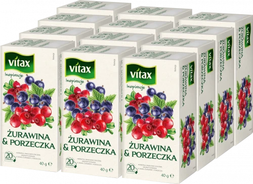 12x Herbata owocowa w torebkach Vitax Inspirations, żurawina i porzeczka, 20 sztuk x 2g