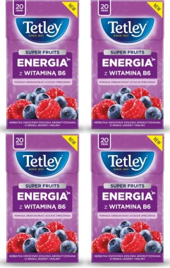 4x Herbata funkcjonalna w torebkach Tetley Super Fruits Energia z wit.B6, Jagoda i Malina, 20 sztuk