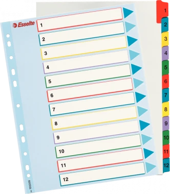 10x Przekładki kartonowe numeryczne z kolorowymi indeksami Esselte, laminowane, A4+, 1-12 kart, mix kolorów