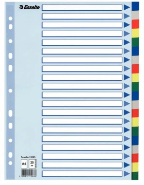 10x Przekładki plastikowe z kolorowymi indeksami Esselte, A4, 20 kart, mix kolorów