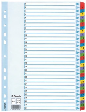 10x Przekładki kartonowe numeryczne z kolorowymi indeksami Esselte Mylar, A4,1-31 kart, mix kolorów