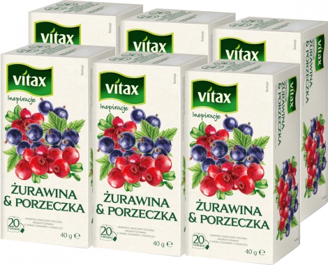 6x Herbata owocowa w torebkach Vitax Inspirations, żurawina i porzeczka, 20 sztuk x 2g