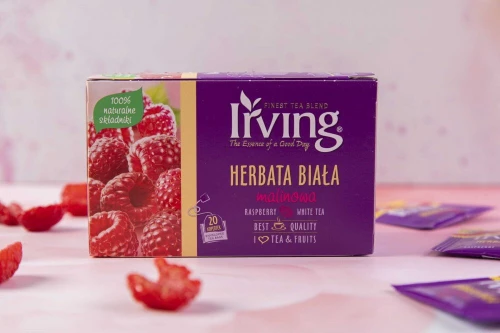 12x Herbata biała smakowa w kopertach Irving, malina, 20 sztuk x 1.5g