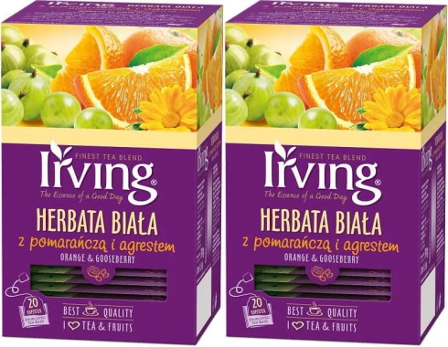 2x Herbata biała smakowa w kopertach Irving, pomarańcza z agrestem, 20 sztuk x 1.5g