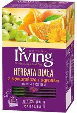 12x Herbata biała smakowa w kopertach Irving, pomarańcza z agrestem, 20 sztuk x 1.5g