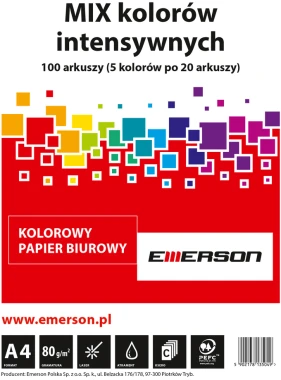 20x Papier kolorowy Emerson, A4, 80g/m2, 100 arkuszy, mix kolorów intensywnych 5x20 ark.