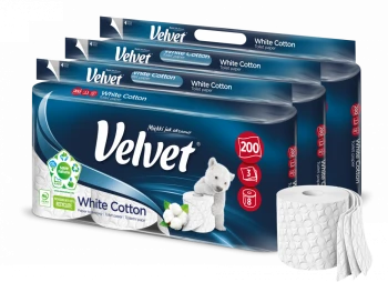 3x Papier toaletowy Velvet White Cotton, 3-warstwowy, 8 rolek, 25m, biały