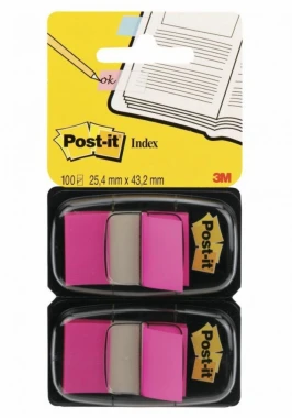 2x Zakładki samoprzylepne Post-it (680-BP2EU), proste, indeksujące, folia, pótransparentne, 25.4x43.2mm, 2x50 sztuk, jaskrawy różowy