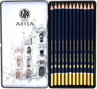 2x Ołówki do szkicowania Astra Artea, w metalowym pudełku, mix 12 sztuk
