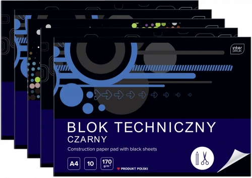 5x Blok techniczny Interdruk, A4, 10 kartek, czarny, mix wzorów