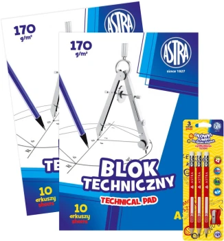 Zestaw: 2x Blok techniczny Astra, A3, 10 kartek, biały + Ołówek do nauki pisana Astra Jumbo, z gumką, HB, trójkątny , 3 sztuki + temperówka