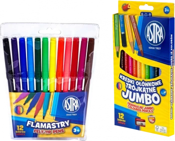 Zestaw: Kredki ołówkowe trójkątne Astra Jumbo, z temperówką, 12 sztuk, mix kolorów + Flamastry Astra CX, 12 sztuk, mix kolorów
