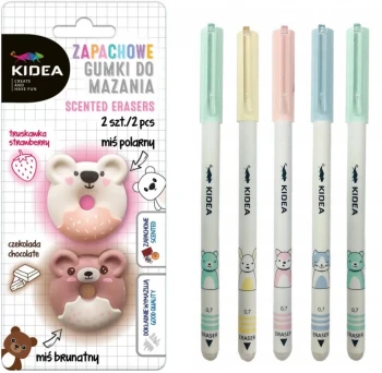 Zestaw: 5x Długopis wymazywalny Kidea A + Gumka do ścierania Kidea Misie, zapachowa, 2 sztuki, mix kolorów