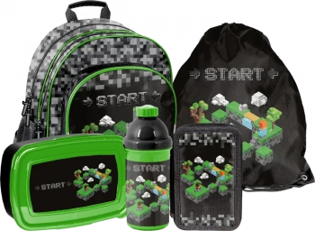 Zestaw: Plecak szkolny + Piórnik 3-komorowy z wyposażeniem + Worek na buty + Lunchbox + Bidon Paso Game