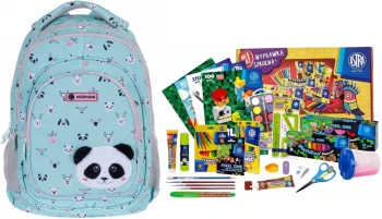 Zestaw Plecak szkolny Astra Astrabag Teddy Panda AB330, trzykomorowy, 20l, miętowy + Wyprawka szkolna Astra Pixel One (XL), 27 elementów