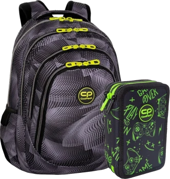 Zestaw: Plecak szkolny CoolPack Drafter 3 Hurricane, trzykomorowy, 27l, 44.5x32x19cm, szaro-czarny + Piórnik 3-komorowy CoolPack Jumper 3, z wyposażeniem Game