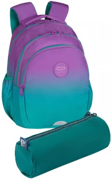 Zestaw Plecak szkolny CoolPack Jerry Gradient Blueberry, trzykomorowy, 21l + Piórnik tuba Oxford School, bez wyposażenia, 22x7.5cm, poliuretan, ciemnozielony