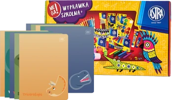 Zestaw: Wyprawka szkolna dla klas 1-3 Astra Pixel One (L), 21 elementów + 10x Zeszyt w kratkę Interdruk UV Dinozaurus, A5, 16 kartek, mix wzorów