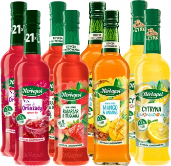 Zestaw: 8x Syrop Herbapol Sezonowe Smaki, 420ml (2x cytryna lemoniadowa, 2x mango i ananas, 2x oranżada, 2x rabarbar i truskawka)