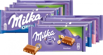 Zestaw 10x Czekolad Milka: 2x Strawberry, 2x Łaciata, 2x Raisin&Nut, 2x Oreo,2x orzechowa